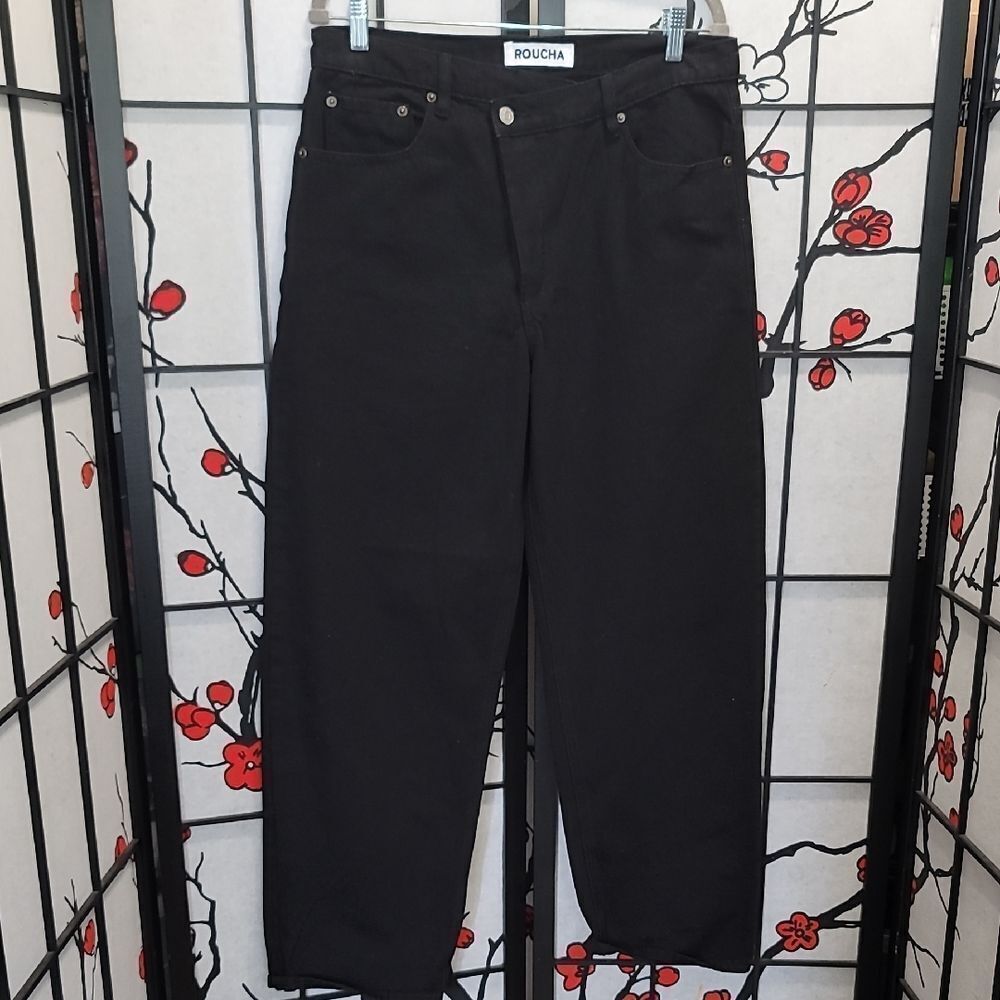 Roucha Wide Leg Jeans Black High-Rise Button Closure